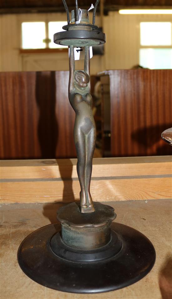 Art Deco bronze figure on wooden base table lamp